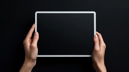 Hands hold a blank tablet on a dark surface in a room