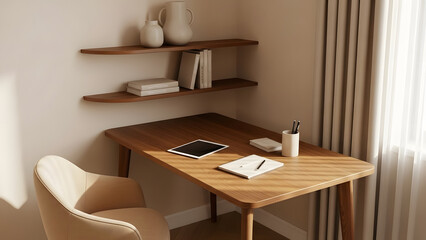 Modern home office workspace with wooden desk and chair