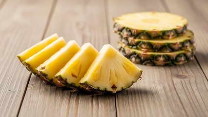 Slices of Freshly Cut Pineapple Stacked on Rustic Wooden Surface