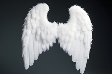 Fototapeta premium Soft pair of wings made of white feathers against a dark background