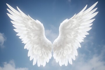 Radiant angel wings spread wide against a light blue sky with fluffy clouds