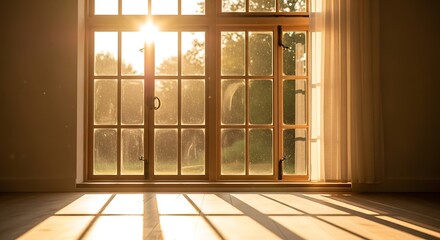 Sunlit Interior with Paned Window and Wooden Floor casting long shadows