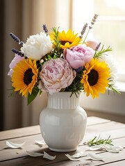 Sunlit floral arrangement featuring sunflowers, peonies, and lavender
