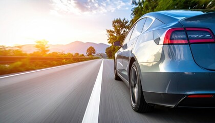 Electric Car Driving on Scenic Highway at Sunset.