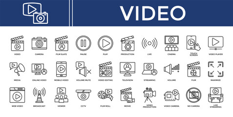 Video icon set collection. Containing scroll, operation, live, monitor, movie, news, performance .Line vector icons collection