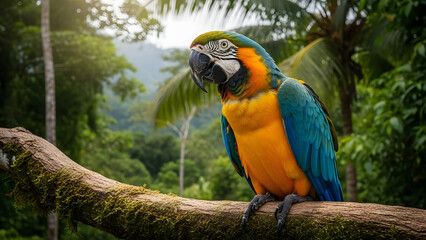 Macaw in lush green jungle setting, perched on a tree branch. Suitable for tropical and wildlifethemed designs, posters, and articles.