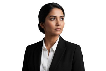 Indian businesswoman thinking and looking away isolated on transparent background