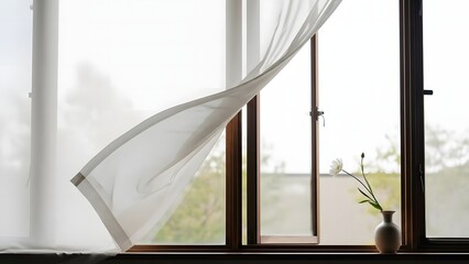 Self Care at Home: Open Window With Sheer Curtain and Flower Vase