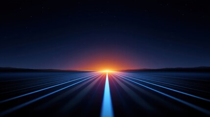 Futuristic Horizon with Neon Blue Lines and Bright Sunrise Over Calm Landscape in Starry Night Sky