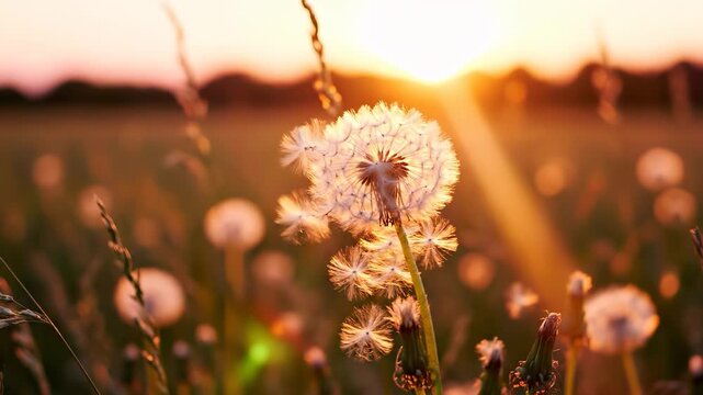 A dandelion stands tall in a field as the sun sets, casting a warm glow on the delicate seeds. The dandelion and sunset create a tranquil scene in the serene evening light.