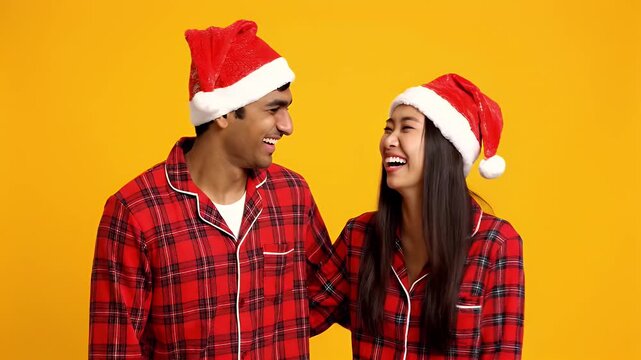A joyful couple in matching red plaid pajamas and Santa hats shares a laugh.