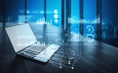 A modern laptop displays a holographic data analysis interface with various graphs and charts, set against a contemporary office backdrop and city view. Scalp