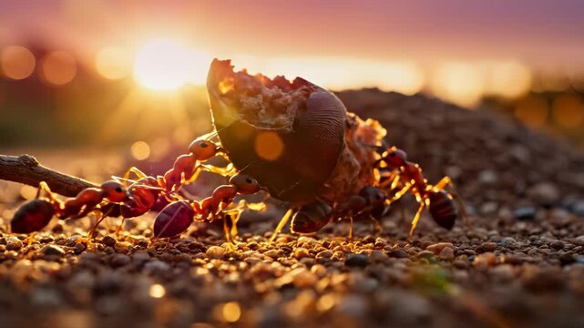 A group of ants gather around a broken shell on the ground as the sun sets in the background. The ants and shell create a detailed scene highlighting nature's interactions.