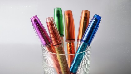 colorful glitter gel pens arranged in a transparent cup against a light background