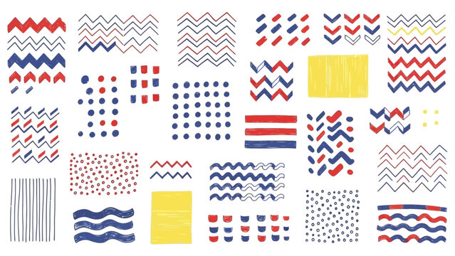 Abstract collection of hand-drawn patterns and textures in red, blue, and yellow colors.