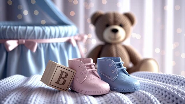 Baby shoes rest on a soft knitted blanket alongside a wooden block and plush teddy in a pastel nursery setting with blurred background and copy space available for text or design on the right