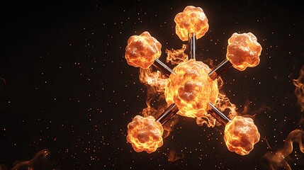 Vibrant 3D Atomic Structure with Fiery Orange Energy Core on Dark Background Illustration