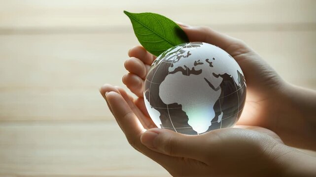 Hands hold a glass globe with a green leaf against a soft wooden background, conveying sustainability, conservation and global responsibility. There is available space for text on the blurred backgrou