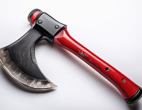 vintage fire axe red handle black head worn rustic tool antique double bit on white background