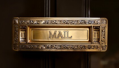 vintage brass mail slot with ornate detailing and mail inscription