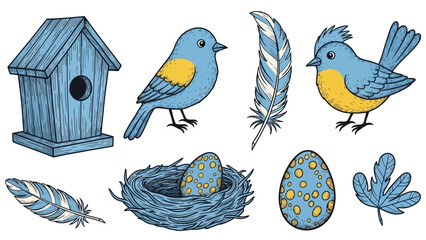 Obraz premium Collection of blue birds, birdhouse, nest with egg, and feathers.