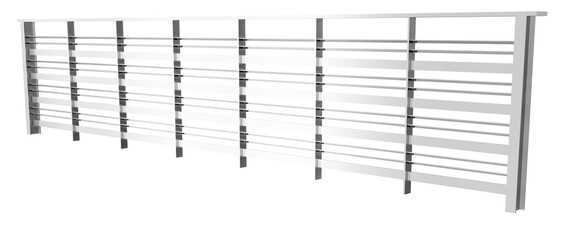 modern stainless steel balcony railing isolated. realistic 3d render of horizontal metal fence slats. architectural barrier for terrace or deck design.