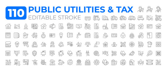 Plakat Public utilities and tax line icons big set. Financial system. Significant source of funding for government services iconset outline pictograms. Isolated linear vector illustrations. Editable stroke