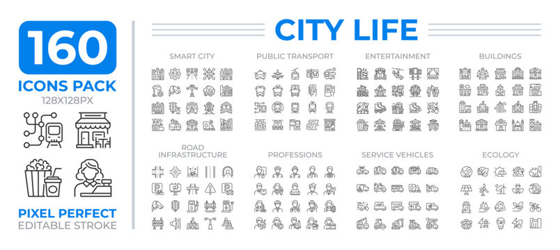 City life line icons set collection. Lifestyle in urban areas. Dynamic environment for social interaction mega pack of linear pictograms, pixel perfect. Isolated vector illustrations. Editable stroke