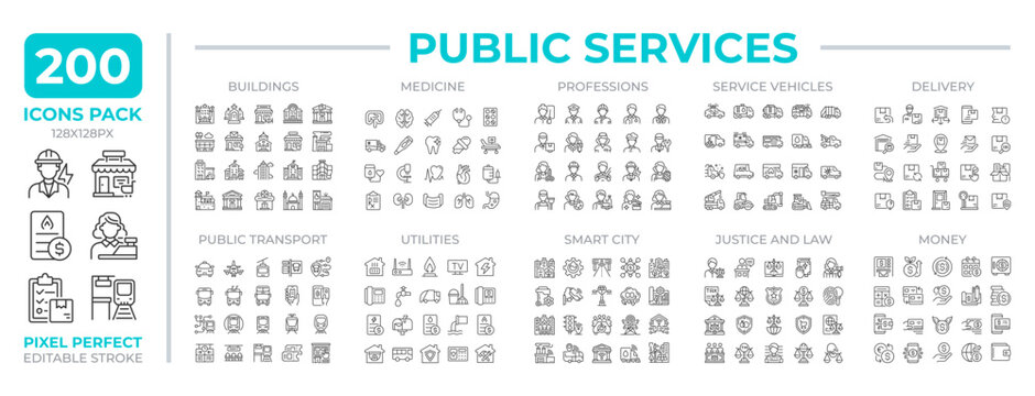 Public services line icons set collection. Meeting community needs. Ensuring social welfare industry mega pack of linear pictograms, pixel perfect. Isolated vector illustrations. Editable stroke