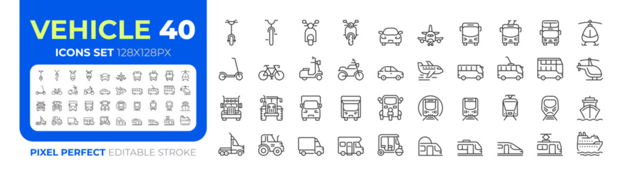 Vehicles pixel perfect line icons big set. Machines designed to transport people and cargoes. Driving cars iconset outline pictograms. Isolated linear vector illustrations. Editable stroke