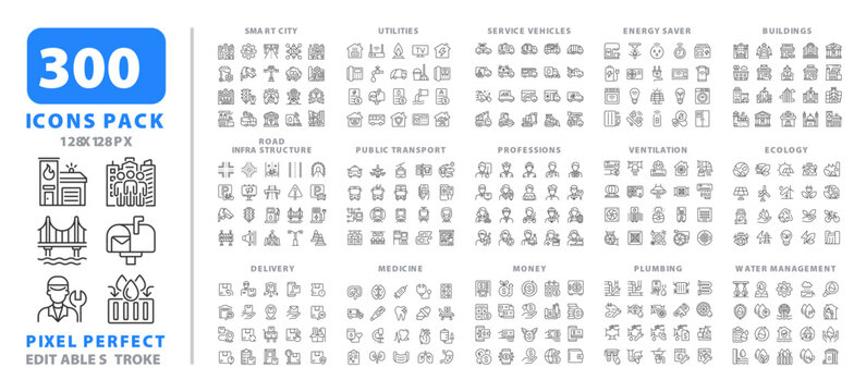 Smart city line icons set collection. Urban management strategy. Innovative solutions for town areas mega pack of linear pictograms, pixel perfect. Isolated vector illustrations. Editable stroke