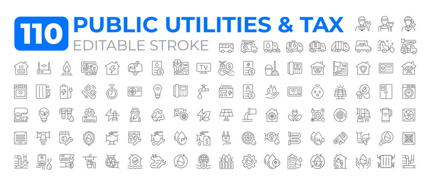 Public utilities and tax line icons big set. Financial system. Significant source of funding for government services iconset outline pictograms. Isolated linear vector illustrations. Editable stroke