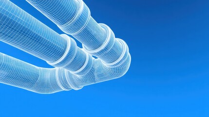 3D Wireframe Model of Industrial Pipes Against a Blue Sky Background Representing Engineering and Construction Concepts