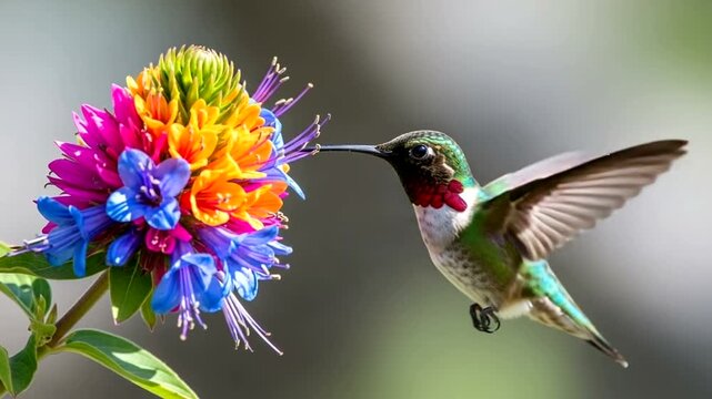Hummingbird Feeding on Colorful Flower in Nature