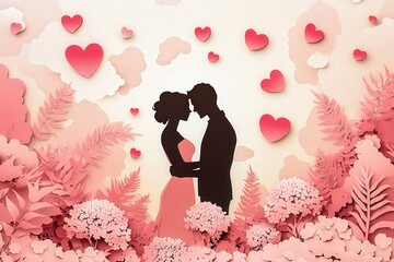 Paper cutout style illustration depicts a romantic couple embracing amidst abundant pink foliage and floating heart shapes