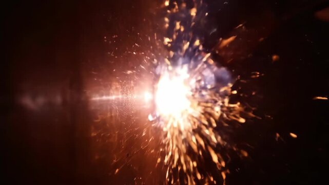Close-up of welding sparks flying in the dark.