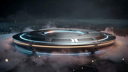 Futuristic ufo hovercraft sci fi spaceship glowing neon light smoke hovering metallic disc alien technology atmosphere
