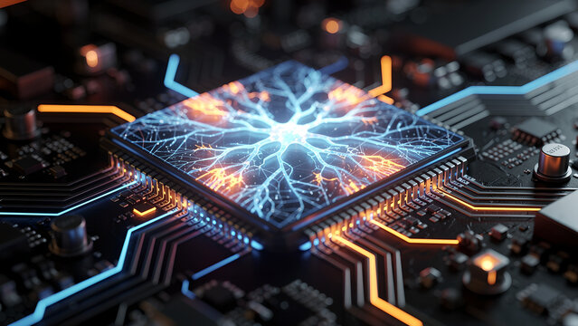 Artificial intelligence chip neuron network glow cyberpunk circuit board, futuristic processor core energy, high tech detail