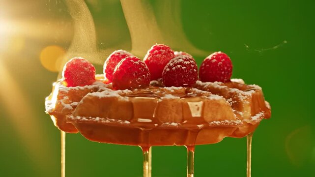 A waffle topped with fresh raspberries and syrup is displayed, creating an appetizing scene. The waffle and raspberries highlight the delicious textures and flavors, inviting taste.