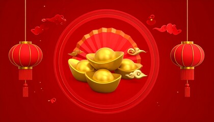Chinese New Year Celebration Illustration With Gold Ingots Lanterns And Red Background
