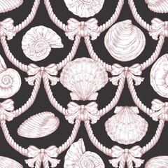 Seashell Seamless Pattern, Feminine Design, Elegant Scallop Shell Ocean Repeat, Nautical Digital Pattern