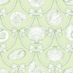 Seashell Seamless Pattern, Feminine Design, Elegant Scallop Shell Ocean Repeat, Nautical Digital Pattern