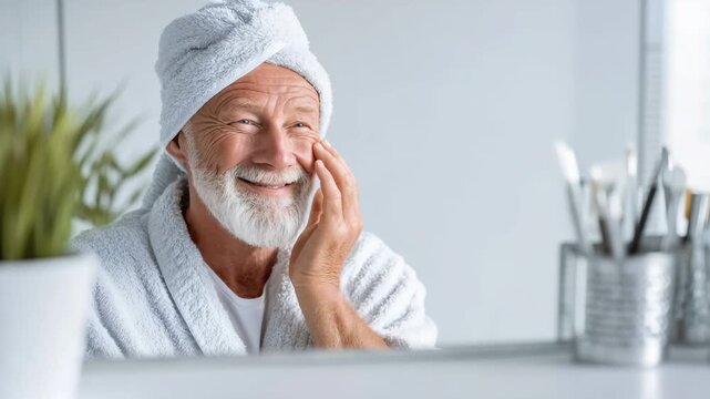 Generative AI. Senior man with gray beard and towel on head smiles while applying skincare product in bright bathroom, reflecting self-care and wellness routine in modern setting