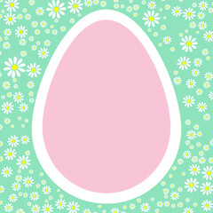 Spring floral frame featuring a large pink egg silhouette for text, surrounded by white daisies on a mint green background.