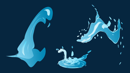 Dynamic liquid water splash with falling droplet, crashing sea wave and swirling eddies. For advertising web design or marketing visuals. Vector illustration.
