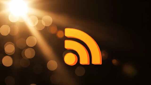 An orange RSS symbol glows against a dark background, with light rays creating a stunning visual effect. The symbol and light rays emphasize the connection of information sharing.