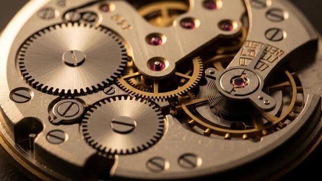 Close-up of a mechanical watch's intricate gear system with golden and silver components on a dark background. Perfect for technology, engineering, and luxury product presentations.