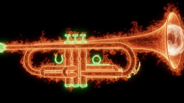 Trumpet glows with neon orange and green flame effects against a deep black background, creating high contrast musical visual energy with ample dark space for text and design on the surrounding area