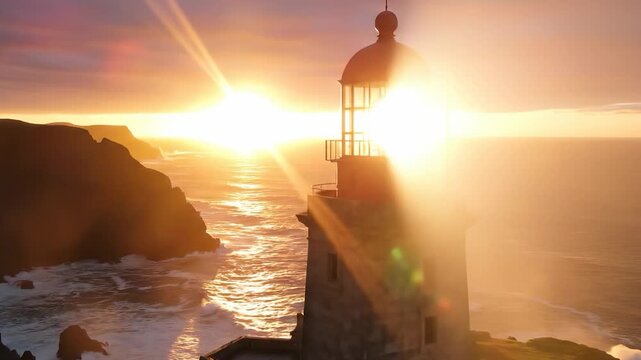 The lighthouse stands tall against a vibrant sunset, casting rays of light across the ocean waves. This lighthouse and sunset create a striking coastal scene full of natural beauty.