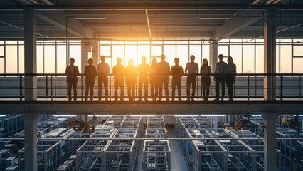Silhouetted Team of Professional Industrial Engineers and Business Leaders in Factory At Sunset